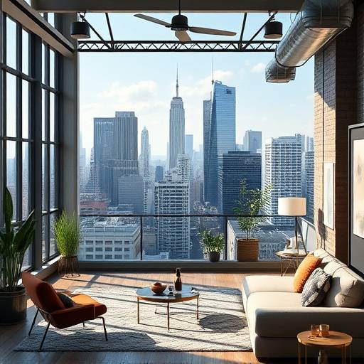 Downtown Loft Apartment - Stylish industrial loft with city skyline backdrop